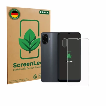 Front side of a product packaging with the brand logo ScreenLeaf. Next to it is the device Samsung Galaxy A07 (Front+Camera) s