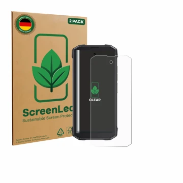 Front side of a product packaging with the brand logo ScreenLeaf. Next to it is the device Cubot King Kong Mini 4 shown with t