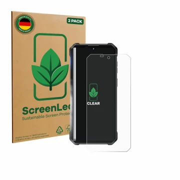 Front side of a product packaging with the brand logo ScreenLeaf. Next to it is the device Oukitel WP53 Pro shown with the cor