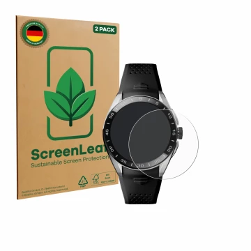 Front side of a product packaging with the brand logo ScreenLeaf. Next to it is the device TAG Heuer Connected Calibre E5 (45 