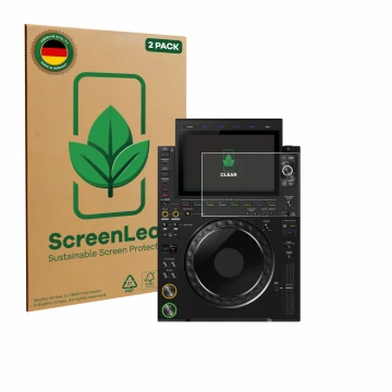Front side of a product packaging with the brand logo ScreenLeaf. Next to it is the device Pioneer CDJ 3000X shown with the co