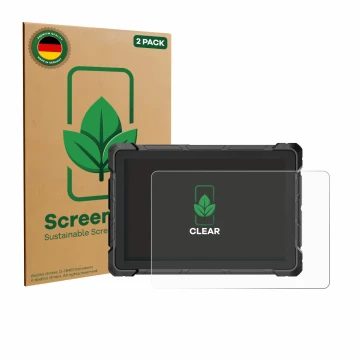 Front side of a product packaging with the brand logo ScreenLeaf. Next to it is the device Higole F7G Rugged Tablet 10.1