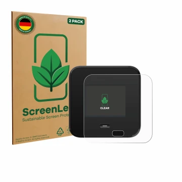 Front side of a product packaging with the brand logo ScreenLeaf. Next to it is the device Netgear Nighthawk M7 Pro shown with