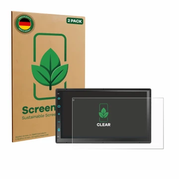 Front side of a product packaging with the brand logo ScreenLeaf. Next to it is the device Atoto F7 WE F7G2B7WE 7