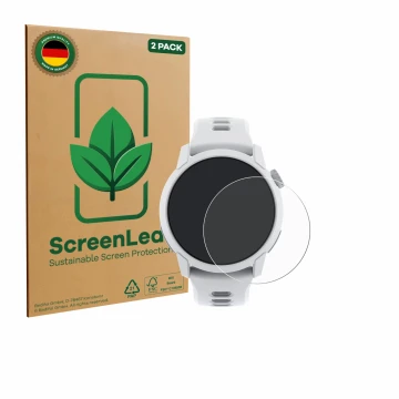 Front side of a product packaging with the brand logo ScreenLeaf. Next to it is the device Coros Pace 4 shown with the corresp