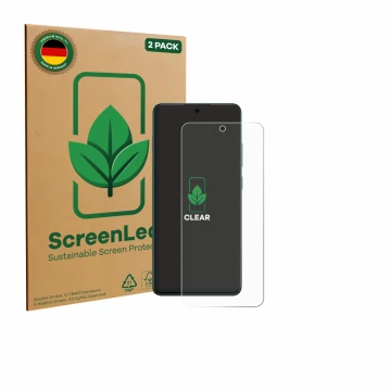 Front side of a product packaging with the brand logo ScreenLeaf. Next to it is the device Oppo Reno 12 FS shown with the corr
