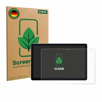 Front side of a product packaging with the brand logo ScreenLeaf. Next to it is the device Itel VistaTab 30 shown with the cor