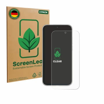 Front side of a product packaging with the brand logo ScreenLeaf. Next to it is the device Huawei Mate 70 Air shown with the c
