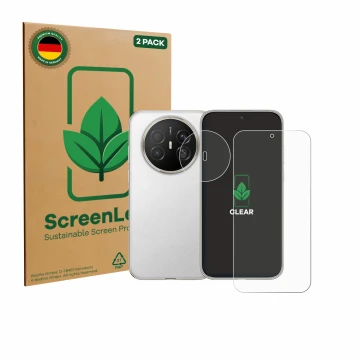 Front side of a product packaging with the brand logo ScreenLeaf. Next to it is the device Huawei Mate 70 Air (Front+Camera) s