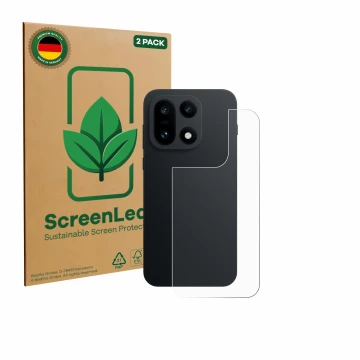 Front side of a product packaging with the brand logo ScreenLeaf. Next to it is the device OnePlus 15 (Back) shown with the co