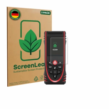 Front side of a product packaging with the brand logo ScreenLeaf. Next to it is the device Leica DISTO X3 shown with the corre