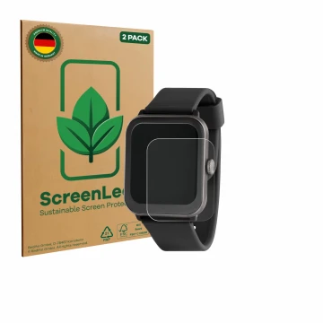 Front side of a product packaging with the brand logo ScreenLeaf. Next to it is the device Sector Smartwatch S-08 shown with t