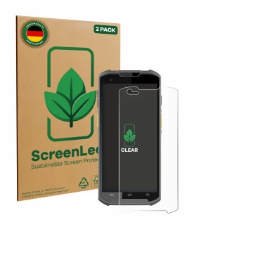 Front side of a product packaging with the brand logo ScreenLeaf. Next to it is the device Newland MT93 shown with the corresp
