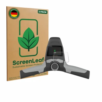 Front side of a product packaging with the brand logo ScreenLeaf. Next to it is the device PowaKaddy FW5s shown with the corre
