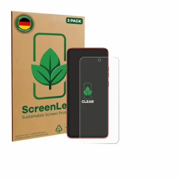 Front side of a product packaging with the brand logo ScreenLeaf. Next to it is the device Motorola Edge 60 Neo shown with the
