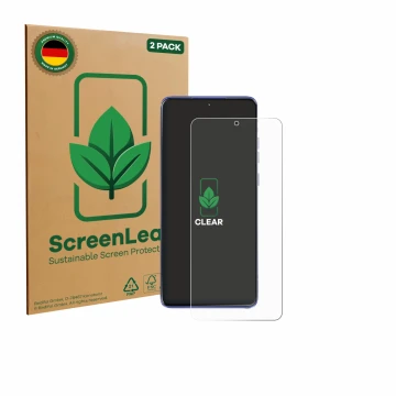 Front side of a product packaging with the brand logo ScreenLeaf. Next to it is the device Motorola Edge 60 Stylus shown with 