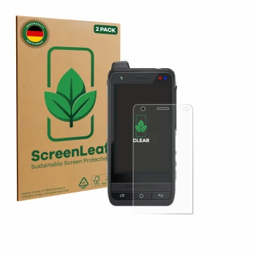 Front side of a product packaging with the brand logo ScreenLeaf. Next to it is the device Uniwa F400 shown with the correspon