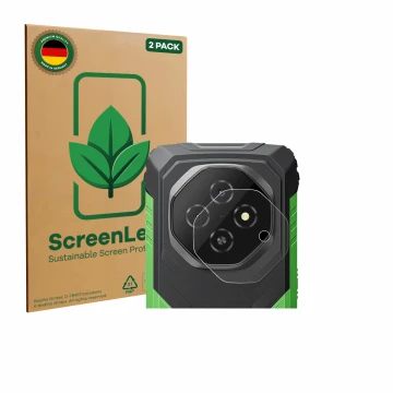 Front side of a product packaging with the brand logo ScreenLeaf. Next to it is the device Blackview Fort 1 (ONLY Camera Lens)