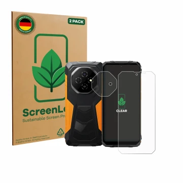 Front side of a product packaging with the brand logo ScreenLeaf. Next to it is the device Blackview Fort 1 (Front+Camera) sho