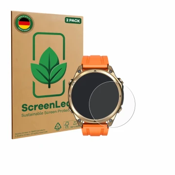 Front side of a product packaging with the brand logo ScreenLeaf. Next to it is the device Doogee Anywise W1 shown with the co