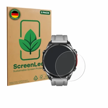 Front side of a product packaging with the brand logo ScreenLeaf. Next to it is the device Doogee Anywise W1 Pro shown with th