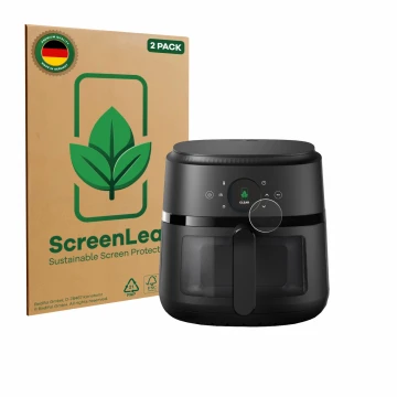 Front side of a product packaging with the brand logo ScreenLeaf. Next to it is the device Philips Airfryer 2000 Gen 2 6,2L sh