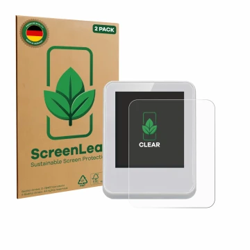 Front side of a product packaging with the brand logo ScreenLeaf. Next to it is the device Bresser ClimaTemp Digital Room Ther