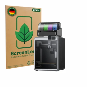 Front side of a product packaging with the brand logo ScreenLeaf. Next to it is the device Creality K2 shown with the correspo