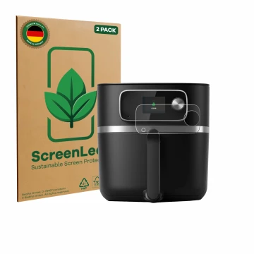 Front side of a product packaging with the brand logo ScreenLeaf. Next to it is the device Philips Airfryer HD9880/90 shown wi
