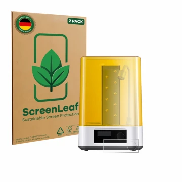 Front side of a product packaging with the brand logo ScreenLeaf. Next to it is the device Anycubic Wash & Cure 3 shown with t