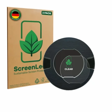 Front side of a product packaging with the brand logo ScreenLeaf. Next to it is the device OOONO P-DISC NO1 shown with the cor