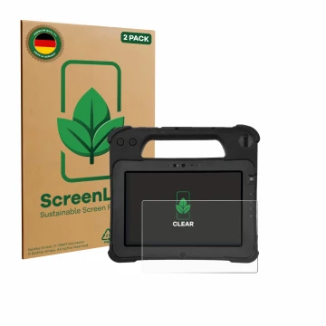 Front side of a product packaging with the brand logo ScreenLeaf. Next to it is the device Zebra XPad L10ax shown with the cor