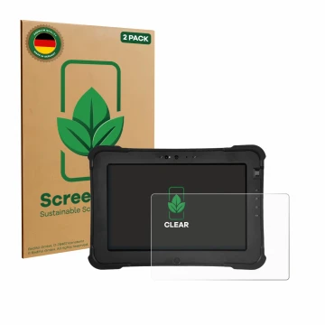 Front side of a product packaging with the brand logo ScreenLeaf. Next to it is the device Zebra XSlate L10ax shown with the c