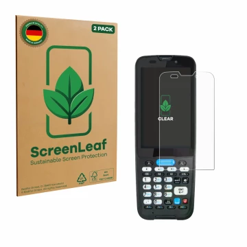 Front side of a product packaging with the brand logo ScreenLeaf. Next to it is the device Unitech HT330 shown with the corres