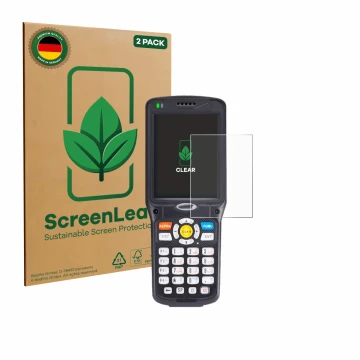 Front side of a product packaging with the brand logo ScreenLeaf. Next to it is the device Unitech HT510 shown with the corres