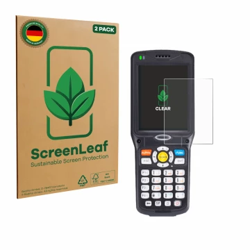 Front side of a product packaging with the brand logo ScreenLeaf. Next to it is the device Unitech HT510A shown with the corre