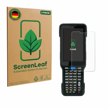 Front side of a product packaging with the brand logo ScreenLeaf. Next to it is the device Unitech HT730 shown with the corres