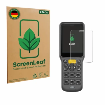Front side of a product packaging with the brand logo ScreenLeaf. Next to it is the device Newland MT37 Baiji shown with the c