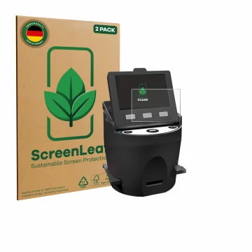 Front side of a product packaging with the brand logo ScreenLeaf. Next to it is the device Kodak SCANZA shown with the corresp