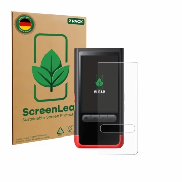 Front side of a product packaging with the brand logo ScreenLeaf. Next to it is the device ThermoMaven P2 shown with the corre