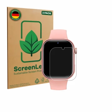 Front side of a product packaging with the brand logo ScreenLeaf. Next to it is the device Naixues Kids Smartwatch GPS shown w