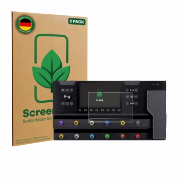 Front side of a product packaging with the brand logo ScreenLeaf. Next to it is the device Line 6 Helix Stadium XL shown with 