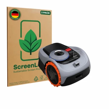 Front side of a product packaging with the brand logo ScreenLeaf. Next to it is the device Navimow i105E+ shown with the corre