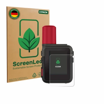 Front side of a product packaging with the brand logo ScreenLeaf. Next to it is the device Garmin inReach Mini 3 Plus shown wi