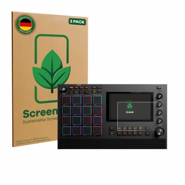 Front side of a product packaging with the brand logo ScreenLeaf. Next to it is the device Akai MPC Live III shown with the co