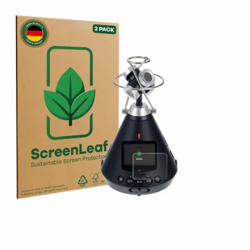 Front side of a product packaging with the brand logo ScreenLeaf. Next to it is the device Zoom H3-VR shown with the correspon