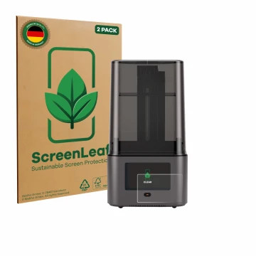 Front side of a product packaging with the brand logo ScreenLeaf. Next to it is the device Anycubic Photon Mono 4 Ultra shown 