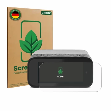Front side of a product packaging with the brand logo ScreenLeaf. Next to it is the device TechniSat Digitradio 52 BT shown wi