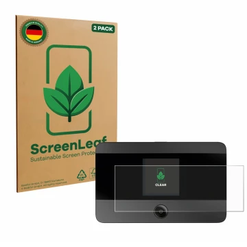 Front side of a product packaging with the brand logo ScreenLeaf. Next to it is the device TP-Link M7350 shown with the corres
