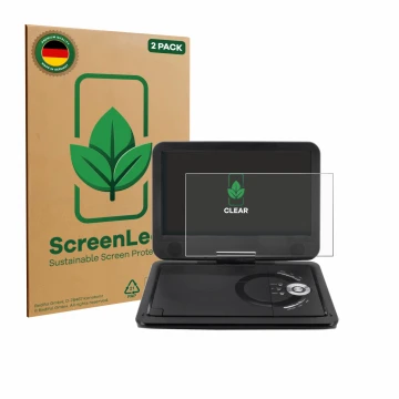 Front side of a product packaging with the brand logo ScreenLeaf. Next to it is the device Soundmaster PDB1910SW DVD Player sh